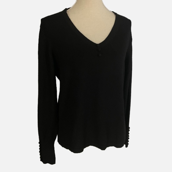April Cornell V-neck Sweater Size XL Black Classic Knotted Button Details - Picture 1 of 8